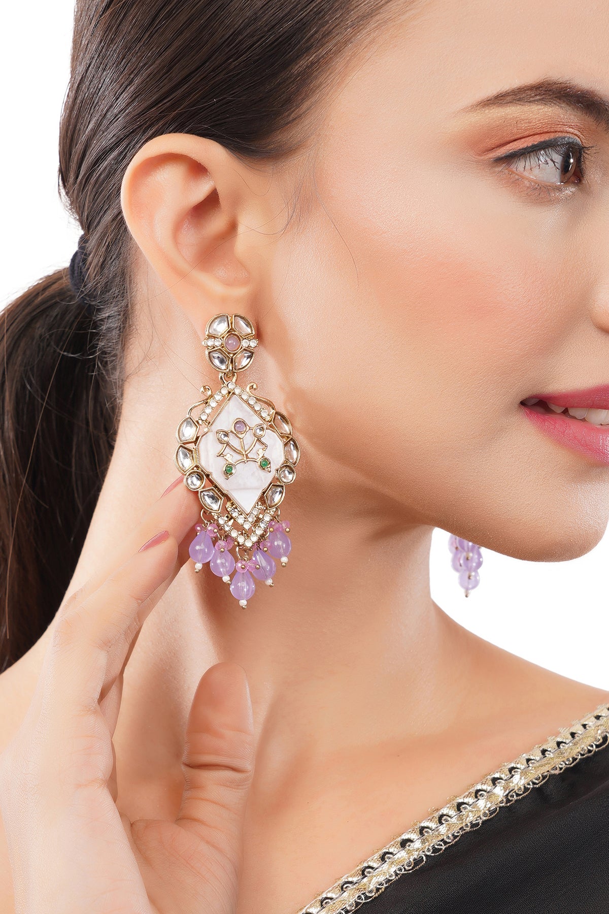Ethnic Gold Light Purple MOP Kundan Earrings
