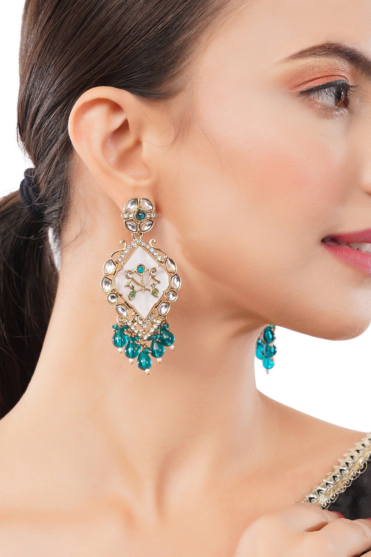 Aqua Green MOP (Mother Of Pearl) Gold Earrings For Party