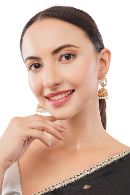 Gold Plated Kundan White Pearl Jhumka Earrings