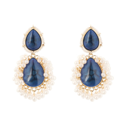 Gold Plated Crystal Blue Pearl Teardrop Earrings For Women