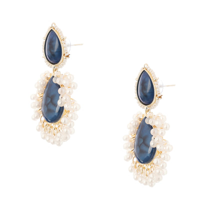 Gold Plated Crystal Blue Pearl Teardrop Earrings For Women