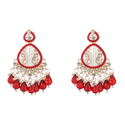 Elegant Gold Plated Red and White Peal Drop Earrings