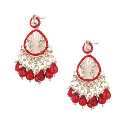 Elegant Gold Plated Red and White Peal Drop Earrings