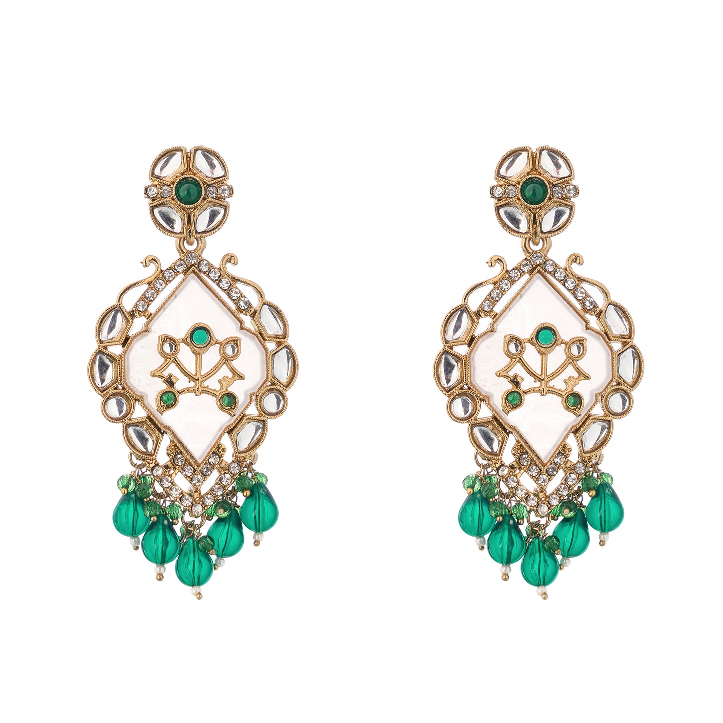 Gold Plated MOP Kundan Emerald Green Earrings For Weddings