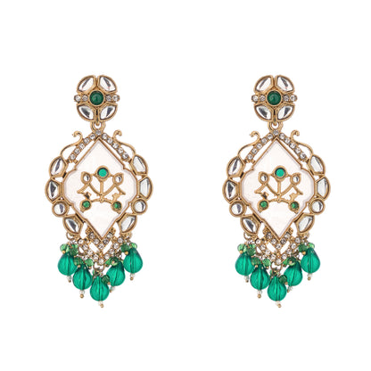 Gold Plated MOP Kundan Emerald Green Earrings For Weddings