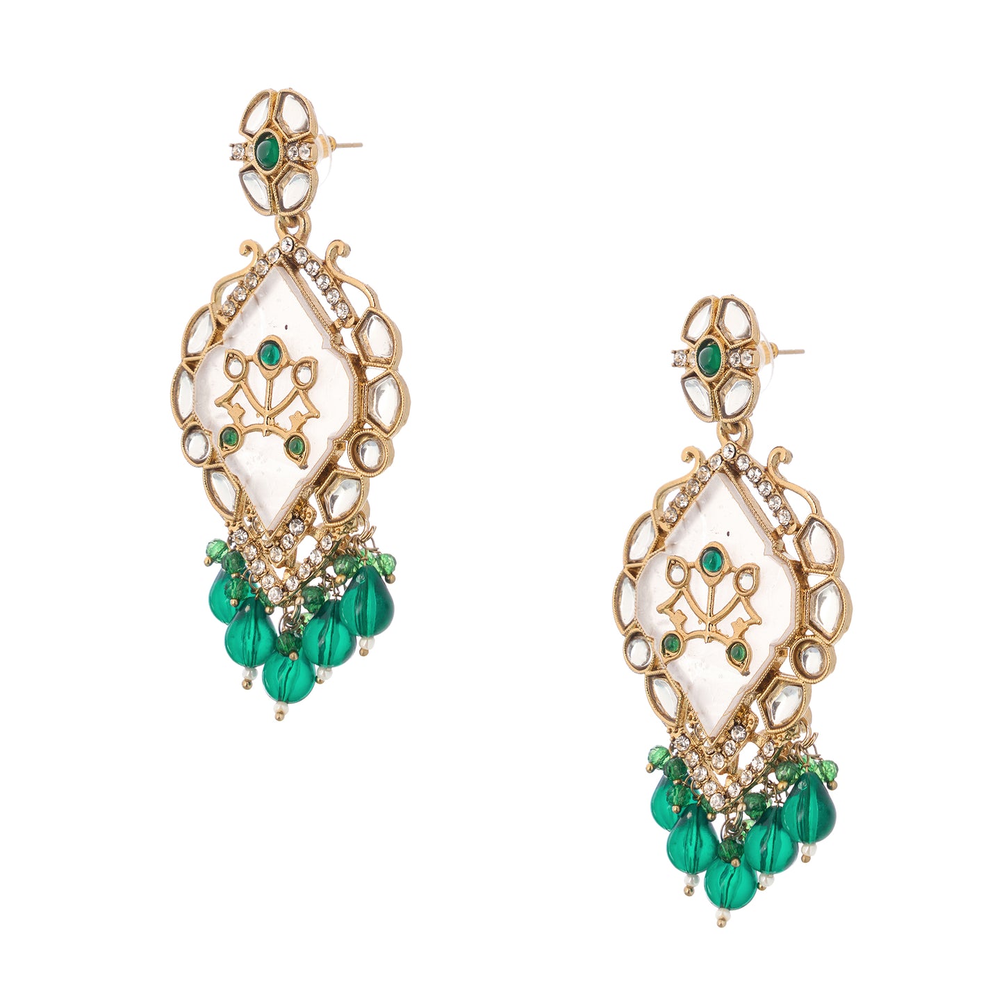 Gold Plated MOP Kundan Emerald Green Earrings For Weddings