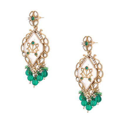 Gold Plated MOP Kundan Emerald Green Earrings For Weddings