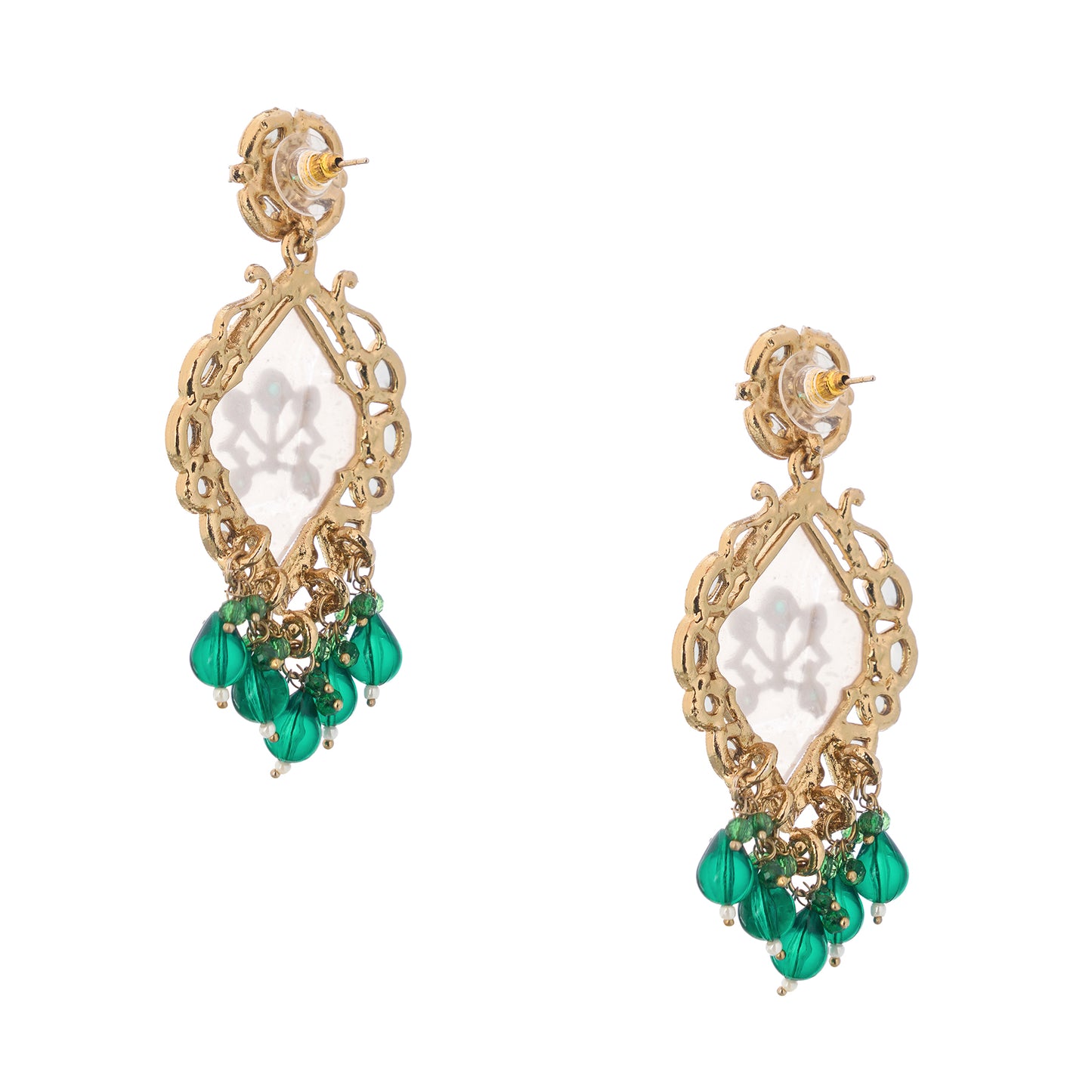 Gold Plated MOP Kundan Emerald Green Earrings For Weddings