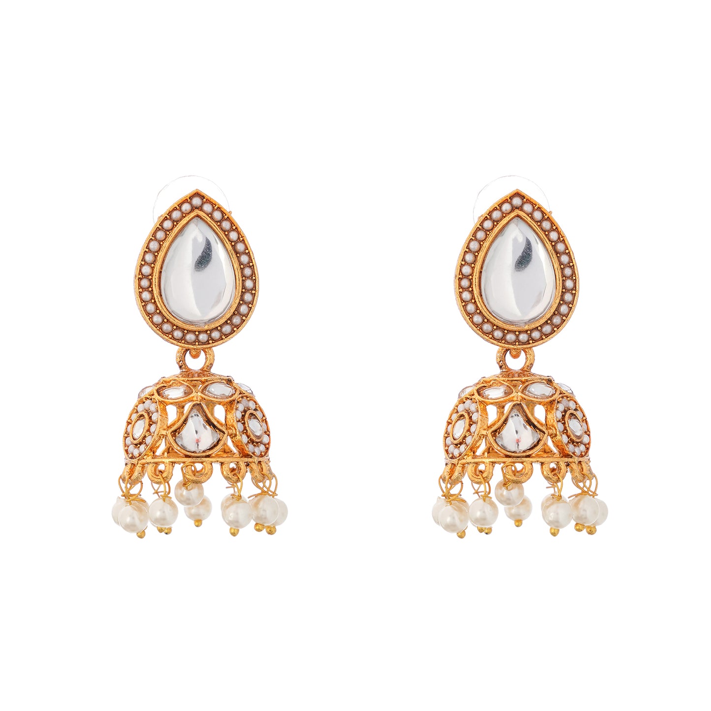 Gold Plated Kundan White Pearl Jhumka Earrings