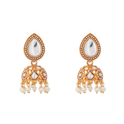 Gold Plated Kundan White Pearl Jhumka Earrings
