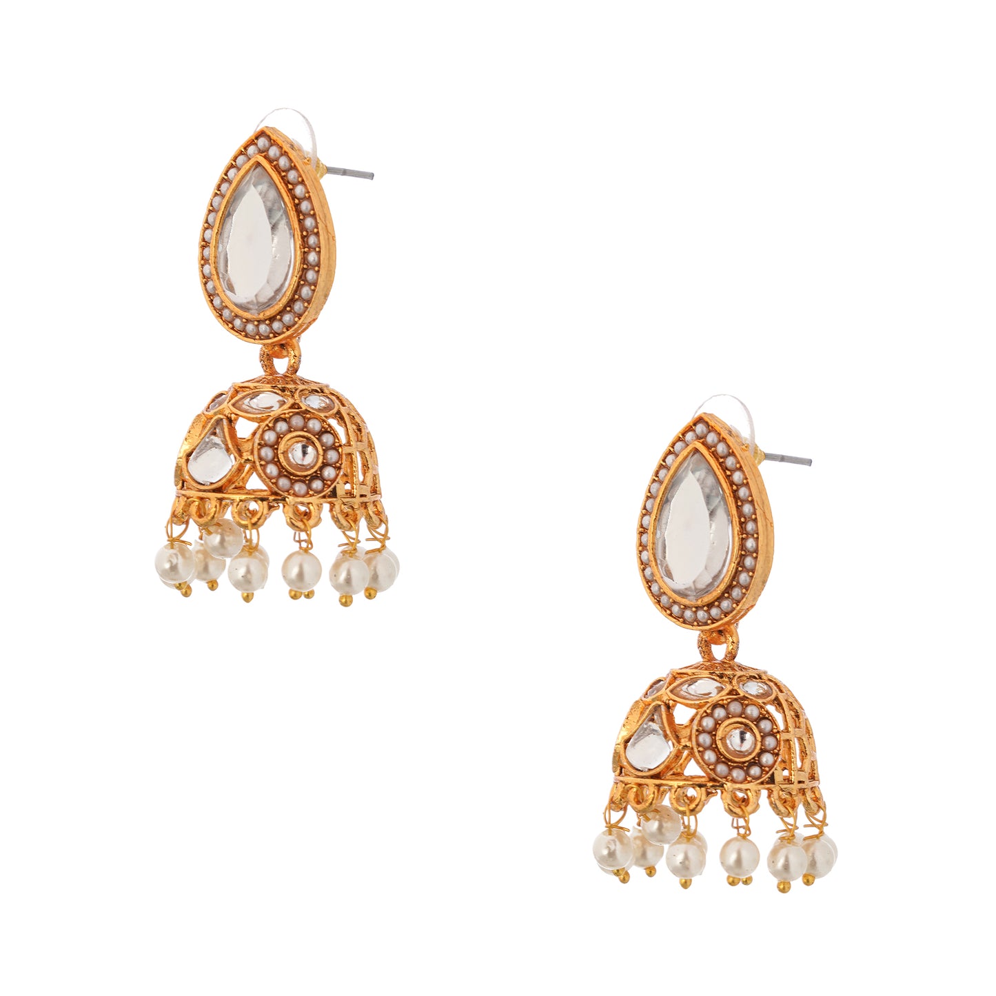 Gold Plated Kundan White Pearl Jhumka Earrings