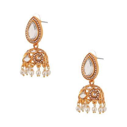 Gold Plated Kundan White Pearl Jhumka Earrings