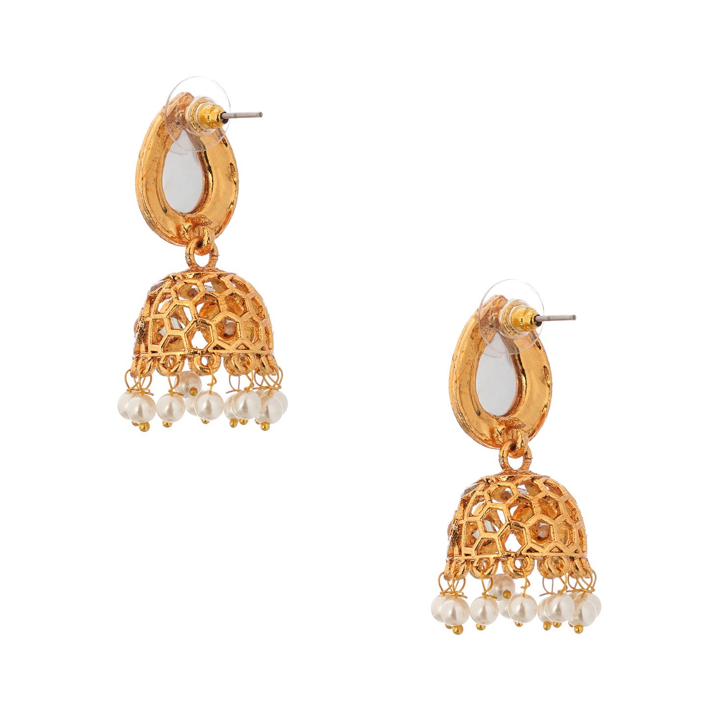Gold Plated Kundan White Pearl Jhumka Earrings