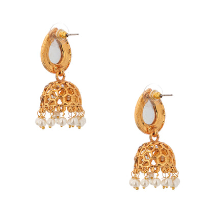 Gold Plated Kundan White Pearl Jhumka Earrings