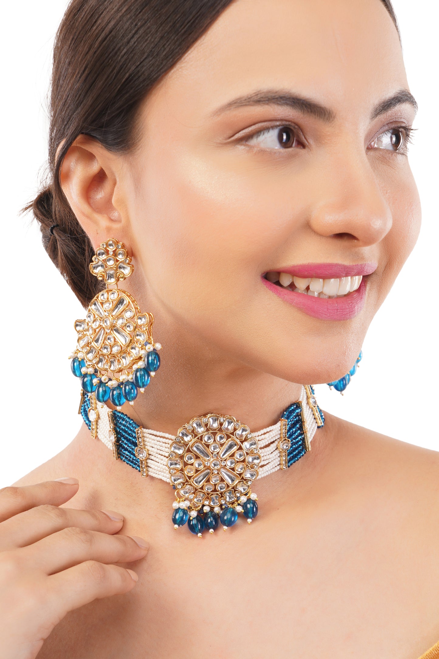 Gold pleated Turquoise Blue Kundan Jewellery Set