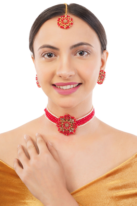 Gold Pleated Red Stone Necklace Set With Earrings