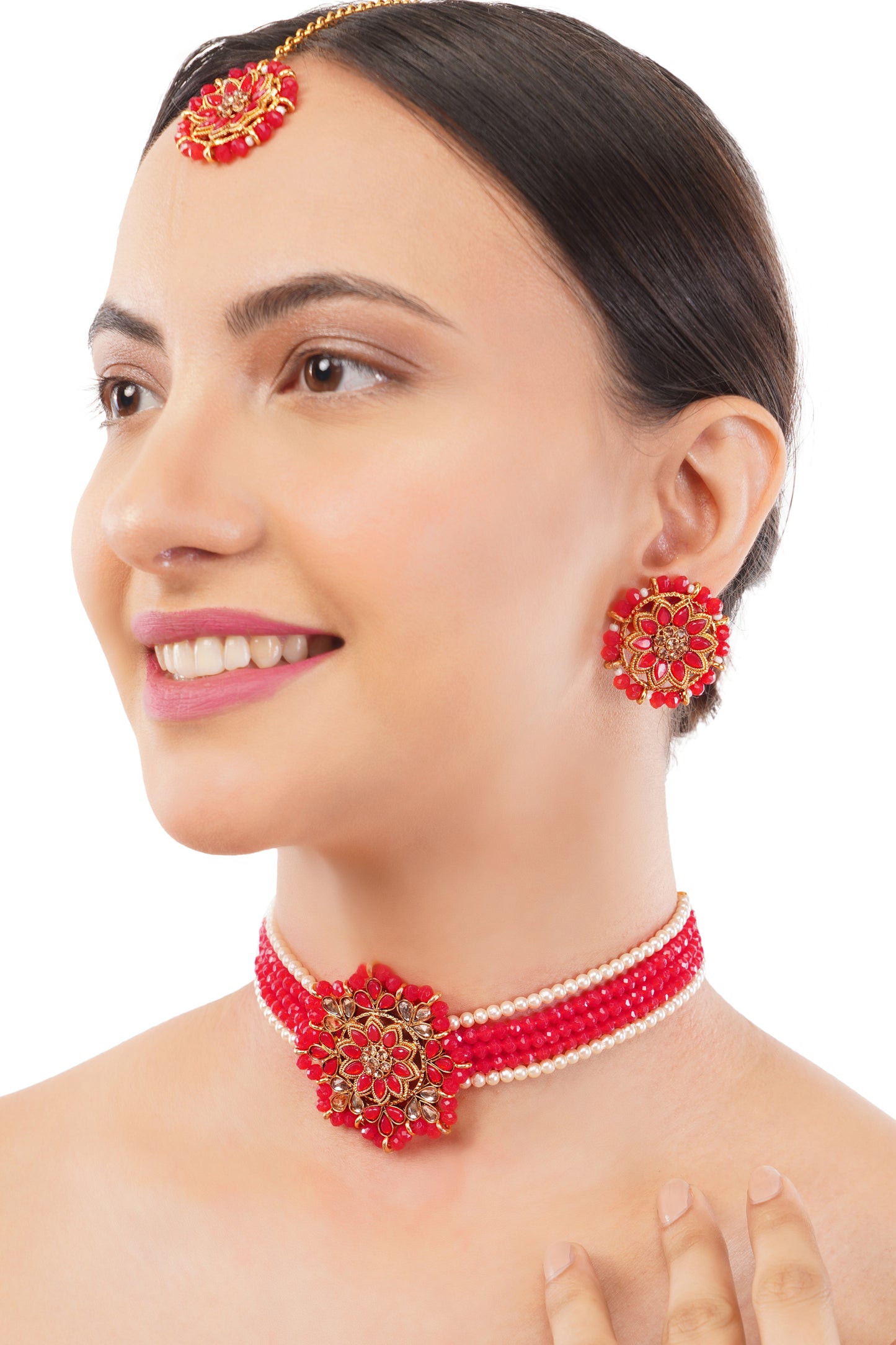 Gold Pleated Red Stone Necklace Set With Earrings