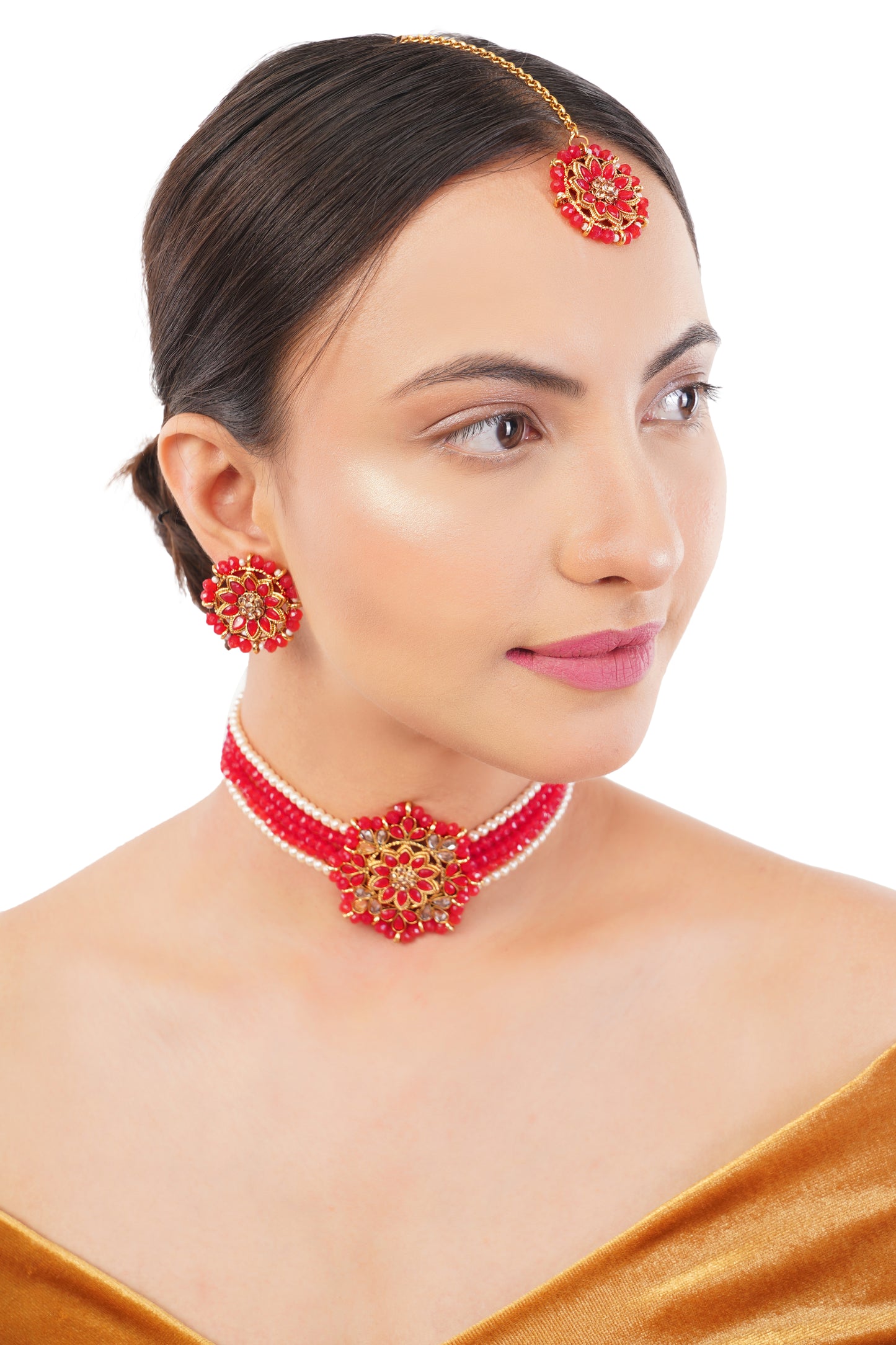 Gold Pleated Red Stone Necklace Set With Earrings