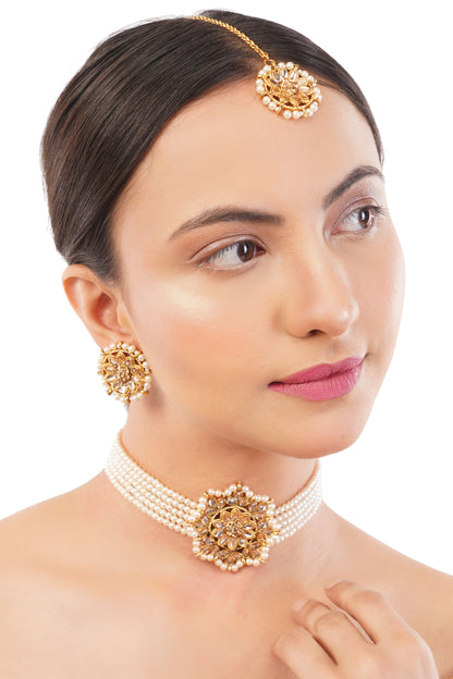 Gold Plated White Pearl beadded Jewellery set