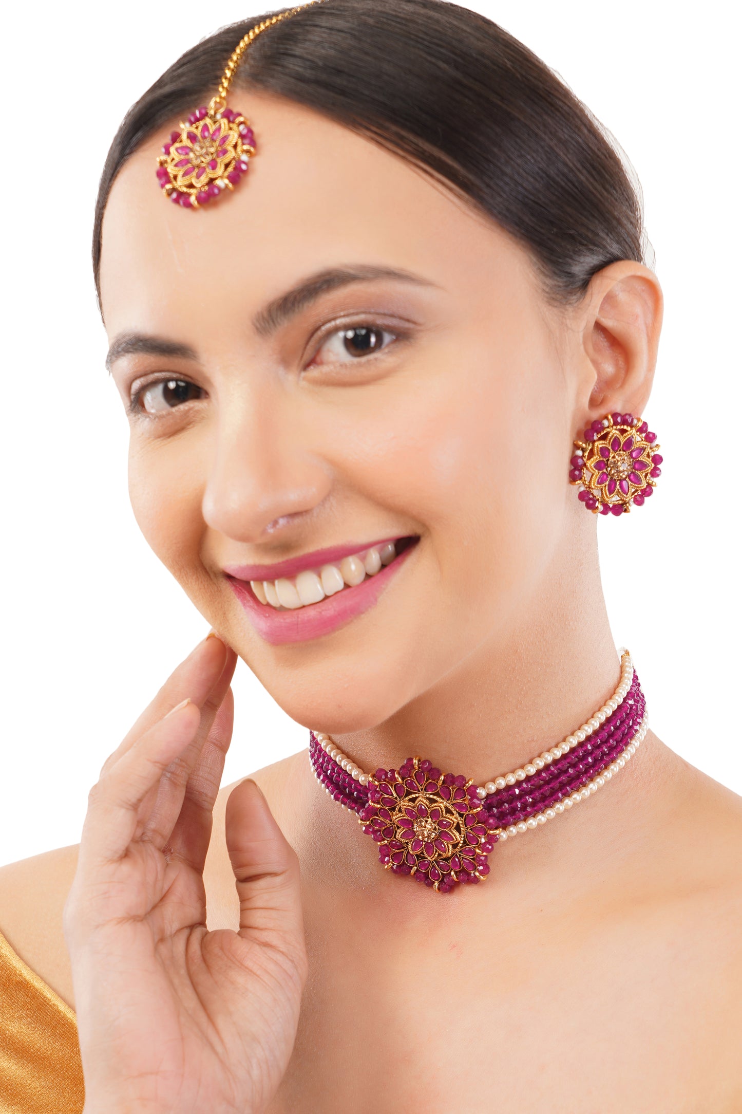 Gold Plated Purple Beadded Stone Jewellery Set