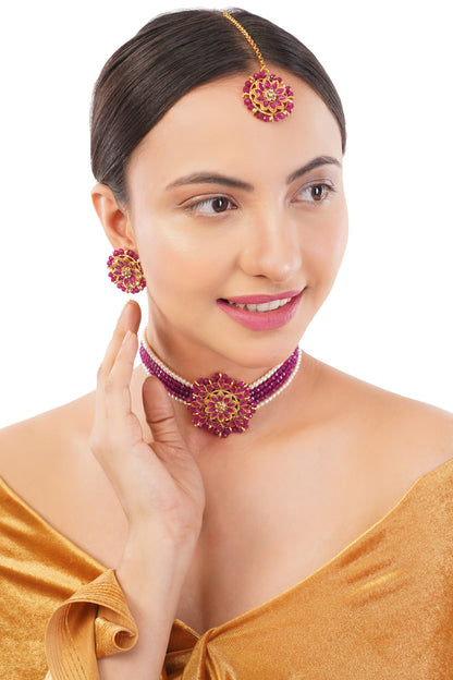 Gold Plated Purple Beadded Stone Jewellery Set