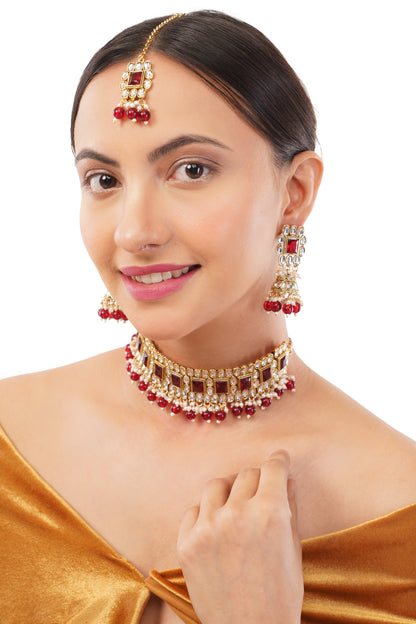 Gold Pleated Red Stone Kundan Jewellery Set