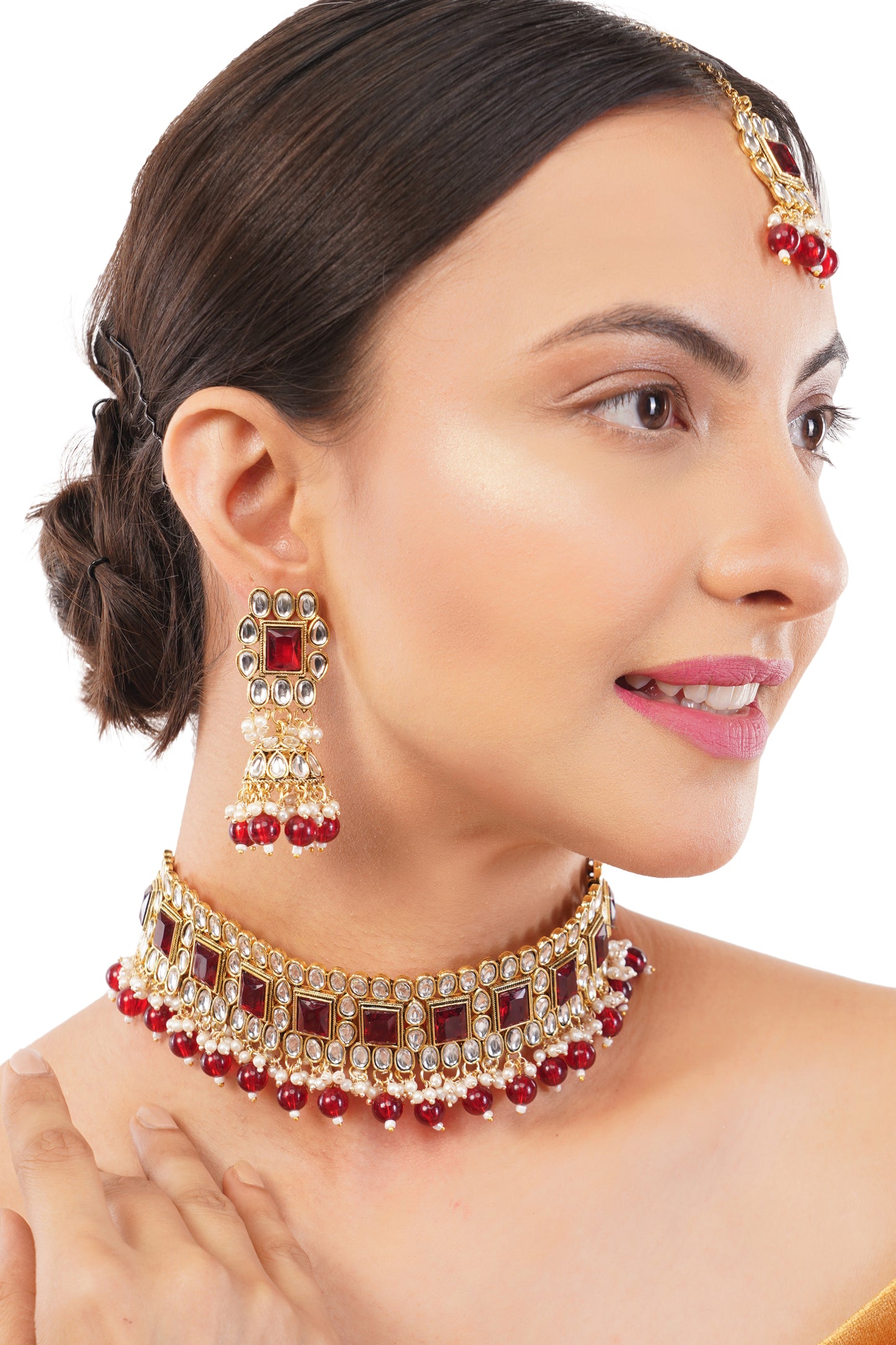 Gold Pleated Red Stone Kundan Jewellery Set