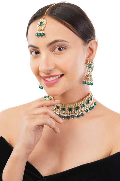 Gold Plated Emrald Green Kundan Jewellery Set