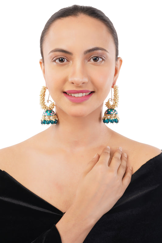 Gold Plated Aqua Green Pearl Jhumka Earrings