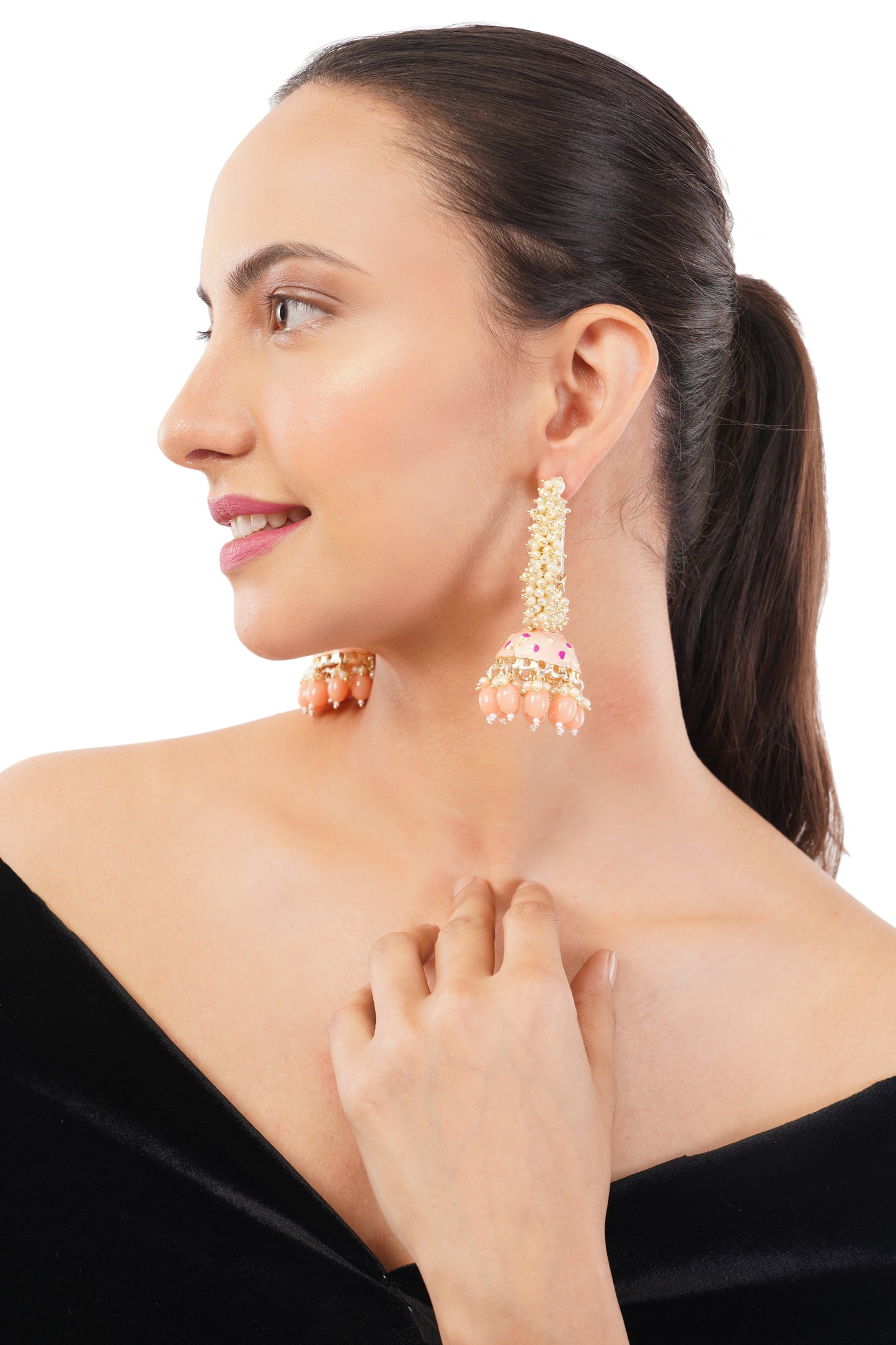 Traditional Peach Pearl Jhumka Earrings