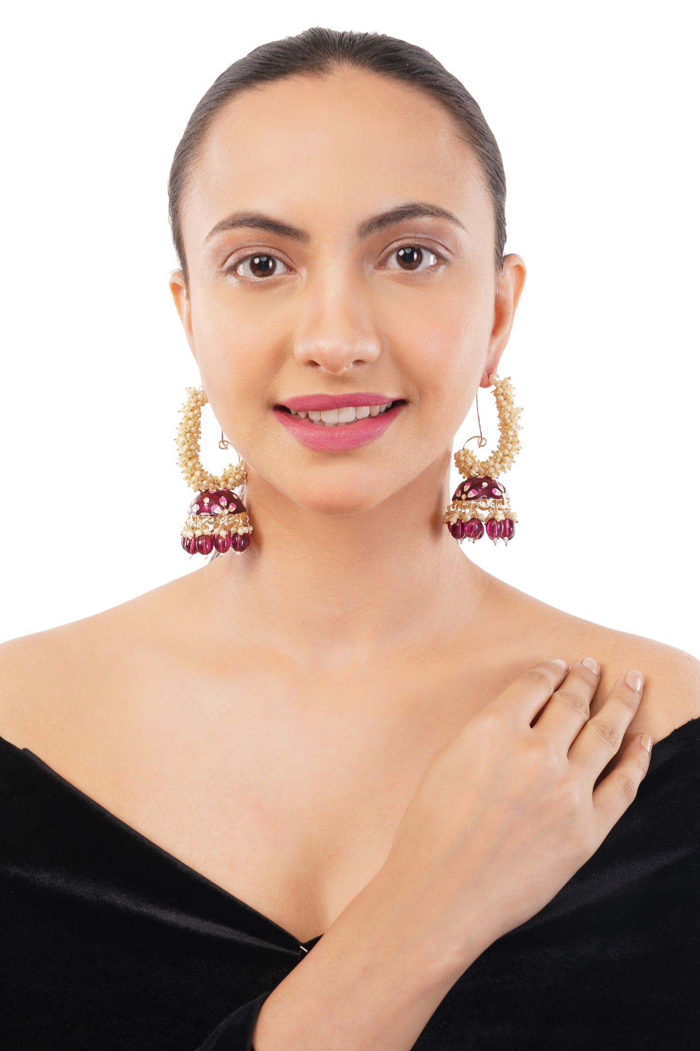 Gold Plated Pink Pearl Jhumka Earrings