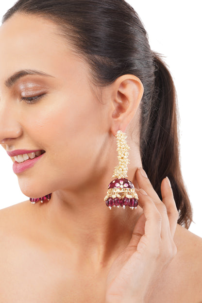 Gold Plated Pink Pearl Jhumka Earrings