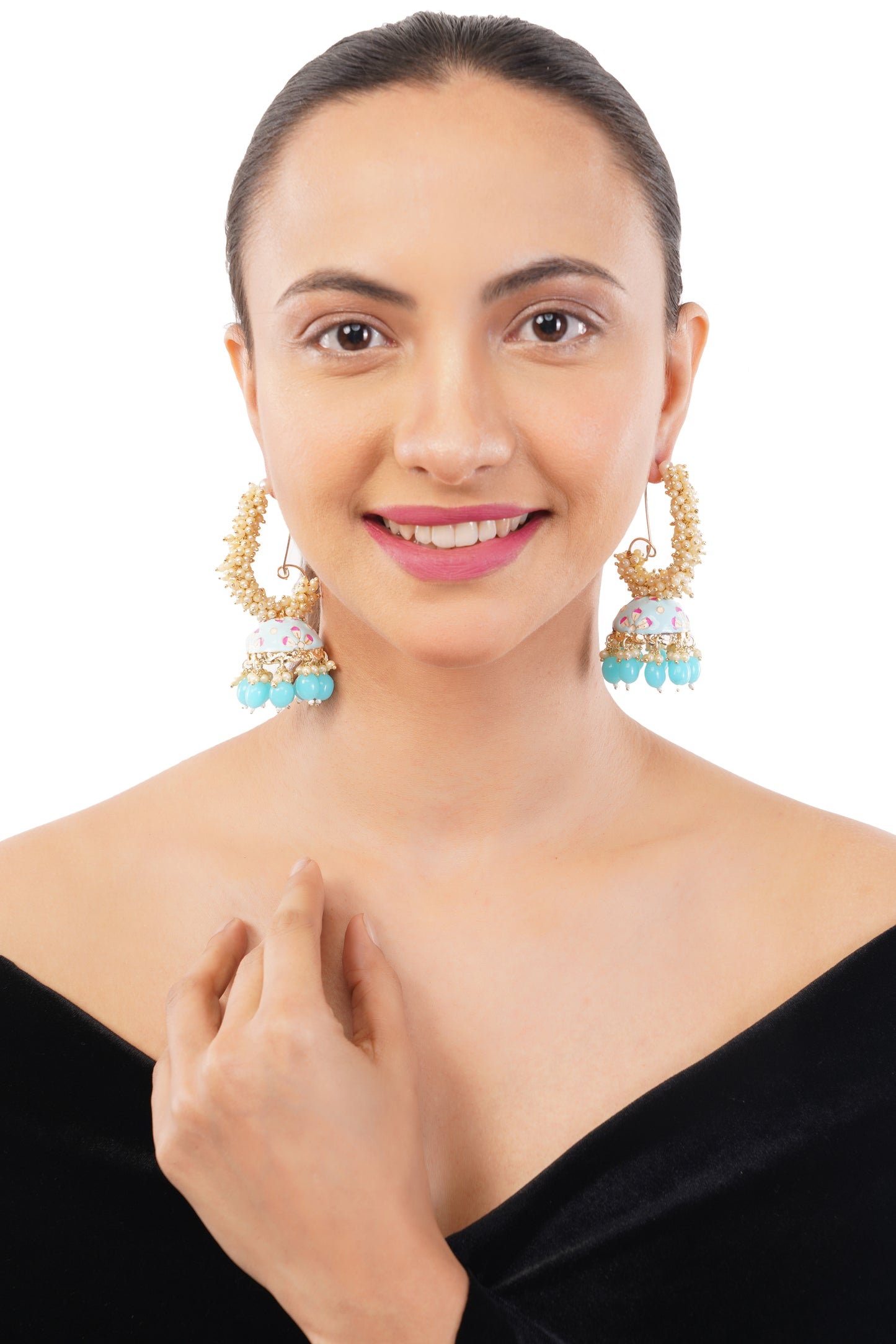 Turquoise Blue Pearl Jhumka Earrings For Women