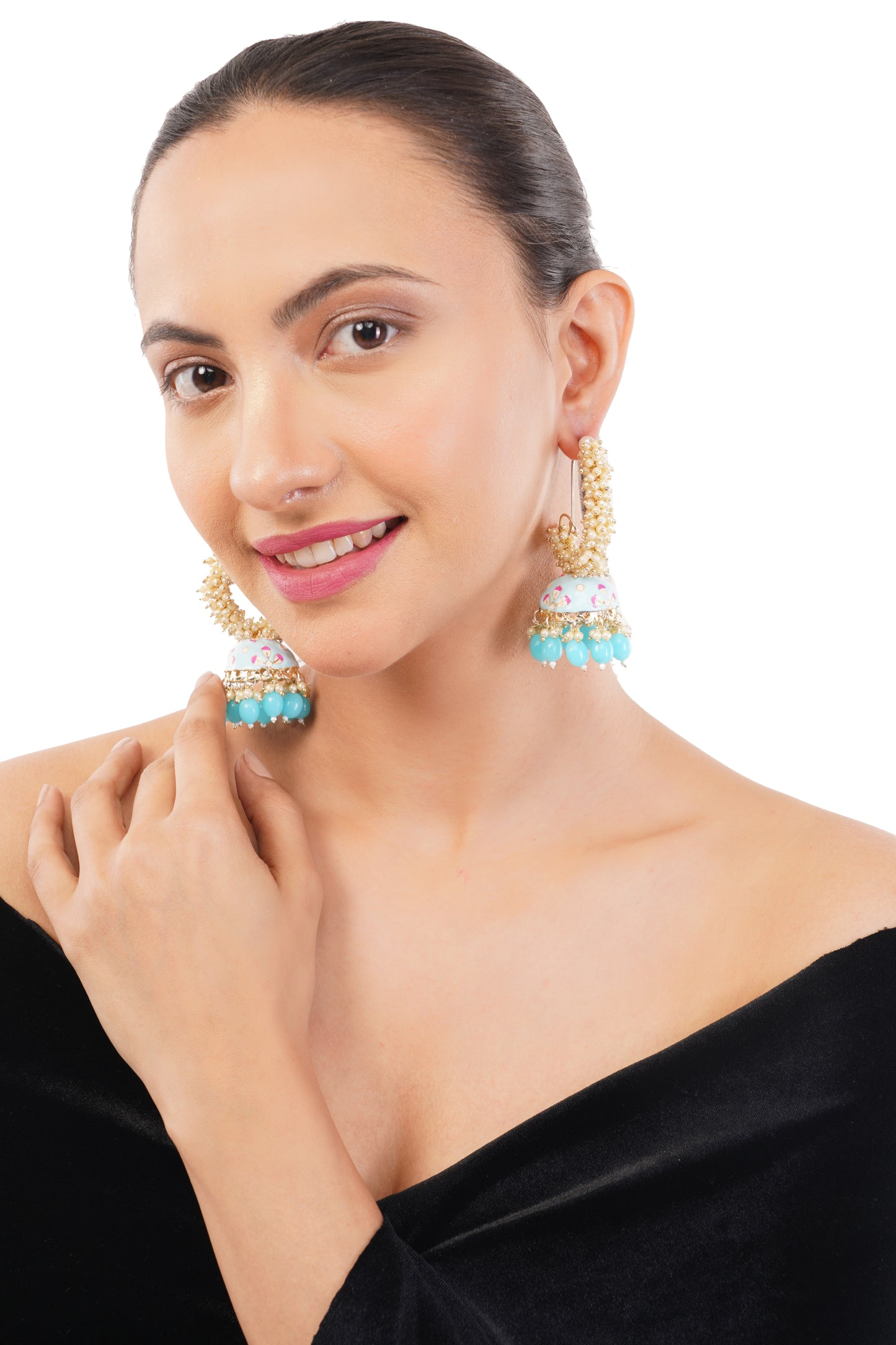 Turquoise Blue Pearl Jhumka Earrings For Women