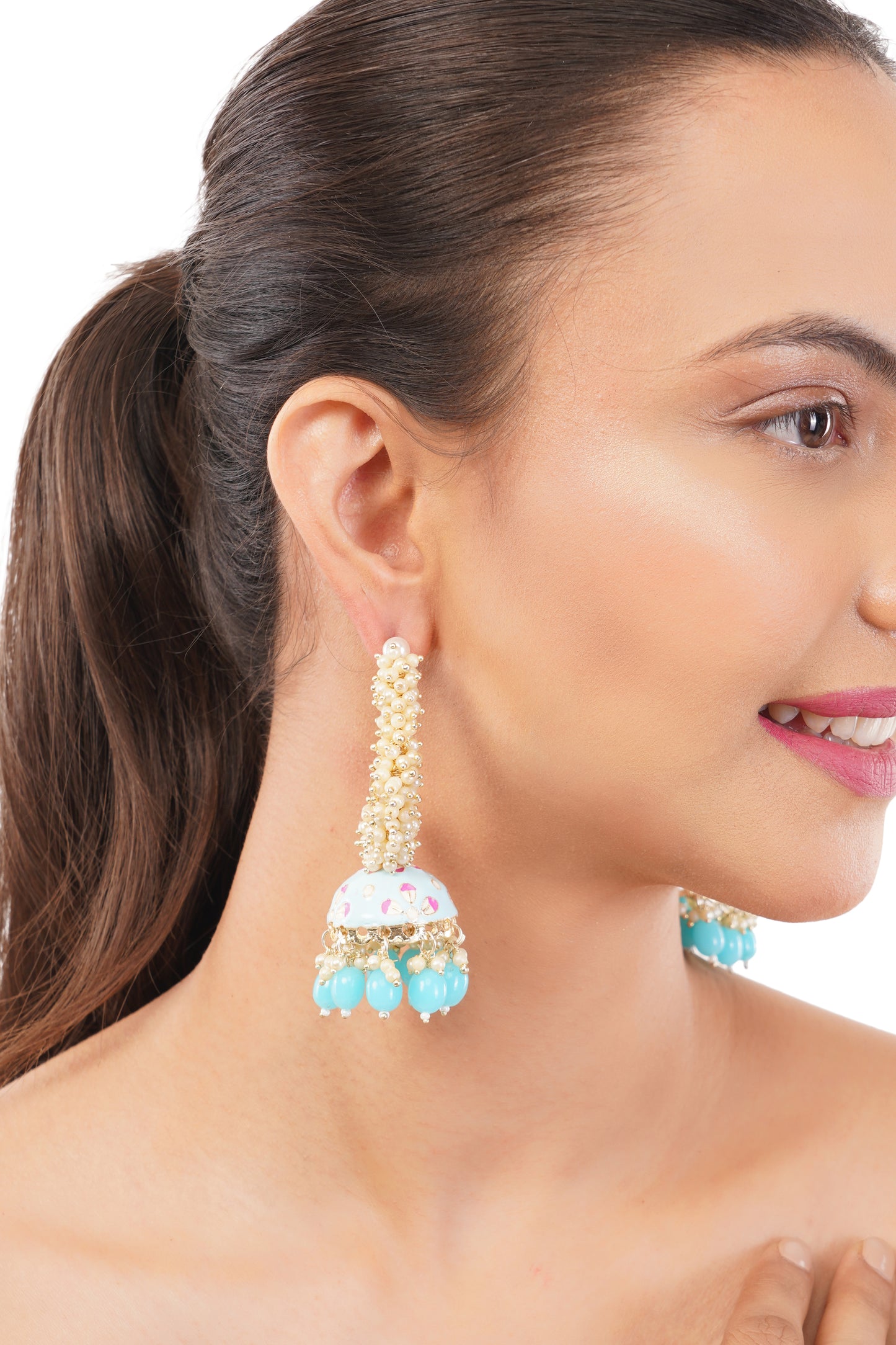 Turquoise Blue Pearl Jhumka Earrings For Women