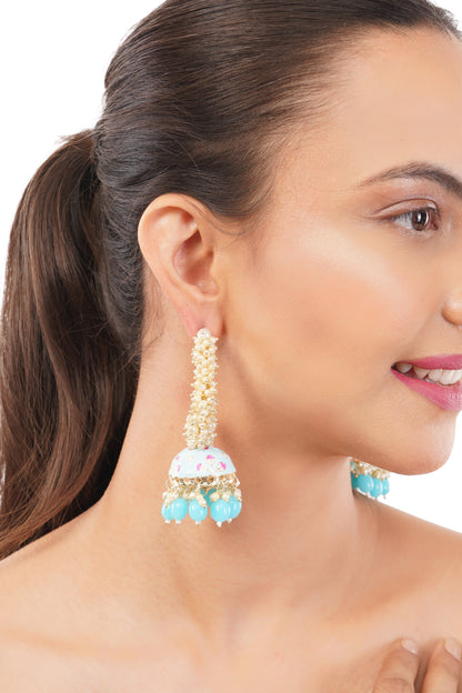 Turquoise Blue Pearl Jhumka Earrings For Women