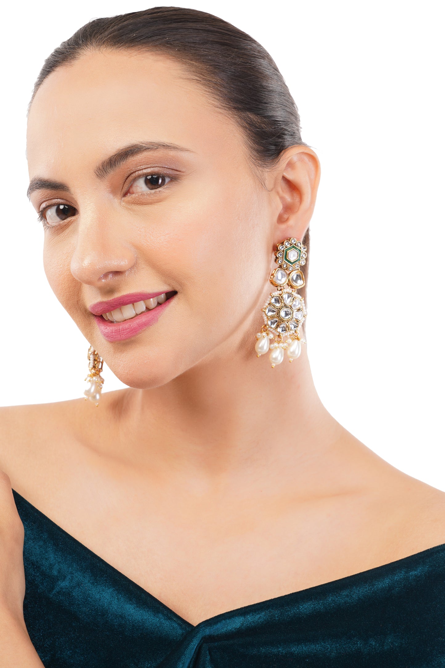 Traditional White And Green Kundan Pearl Earrings