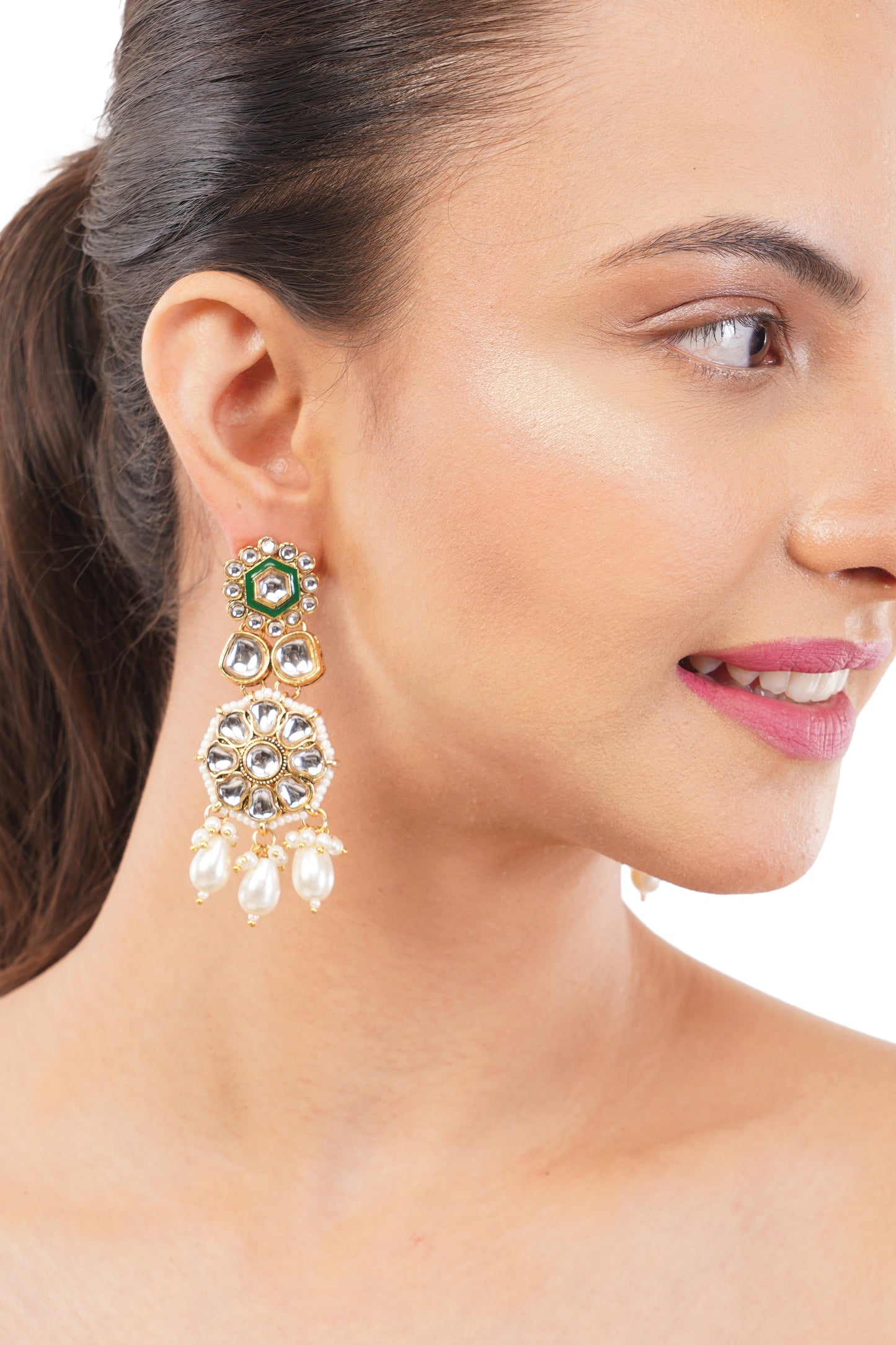 Traditional White And Green Kundan Pearl Earrings