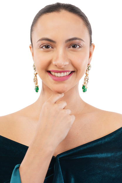 Green Kundan Pearl Drop Earrings For Women