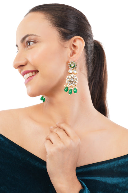 Green Kundan Pearl Drop Earrings For Women