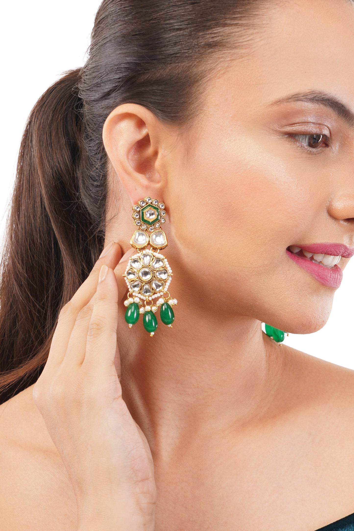 Green Kundan Pearl Drop Earrings For Women