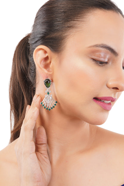 Silver Green Diamond Drop Earrings