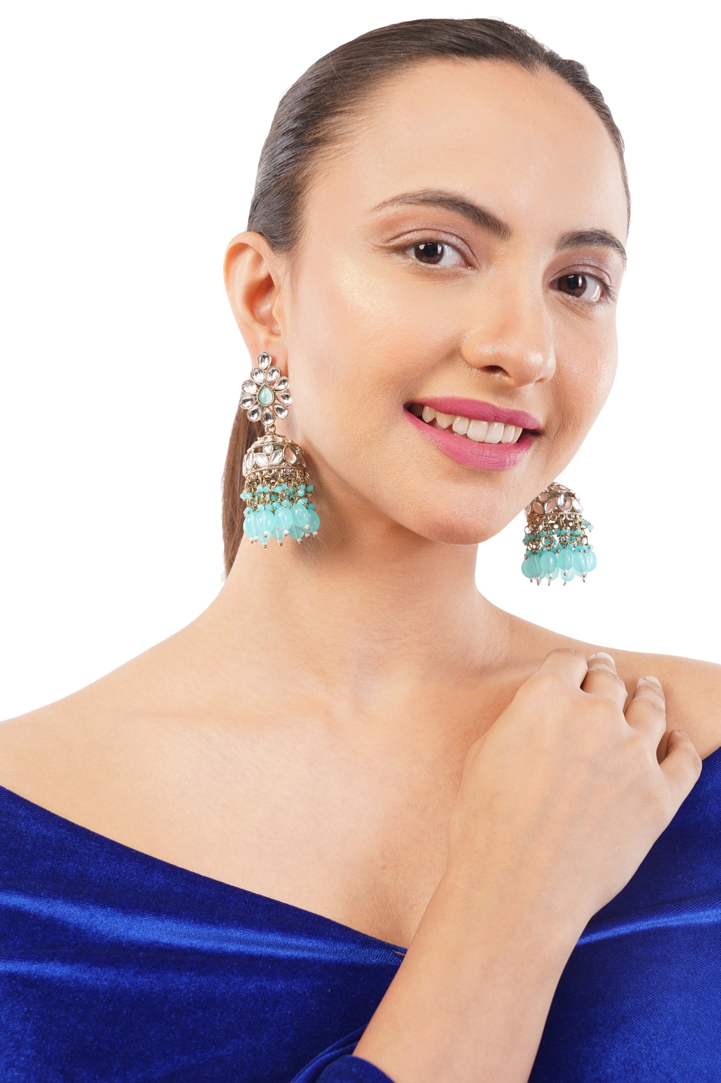 Blue Stones Cluster Beads Drop Jhumka Earrings