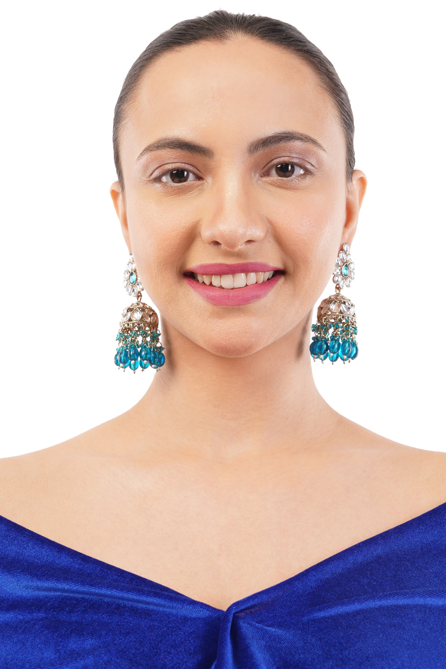 Statement Aqua Green Kundan Jhumka Earrings