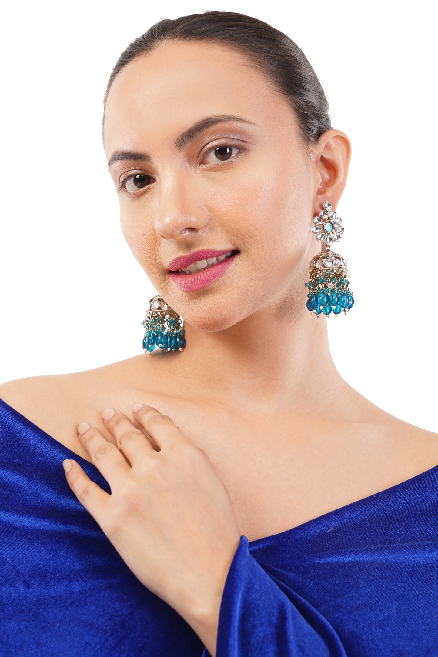 Statement Aqua Green Kundan Jhumka Earrings