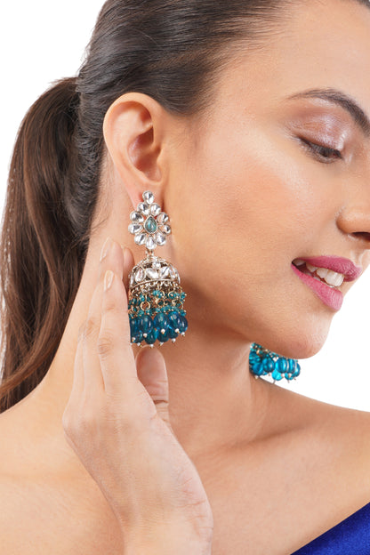 Statement Aqua Green Kundan Jhumka Earrings