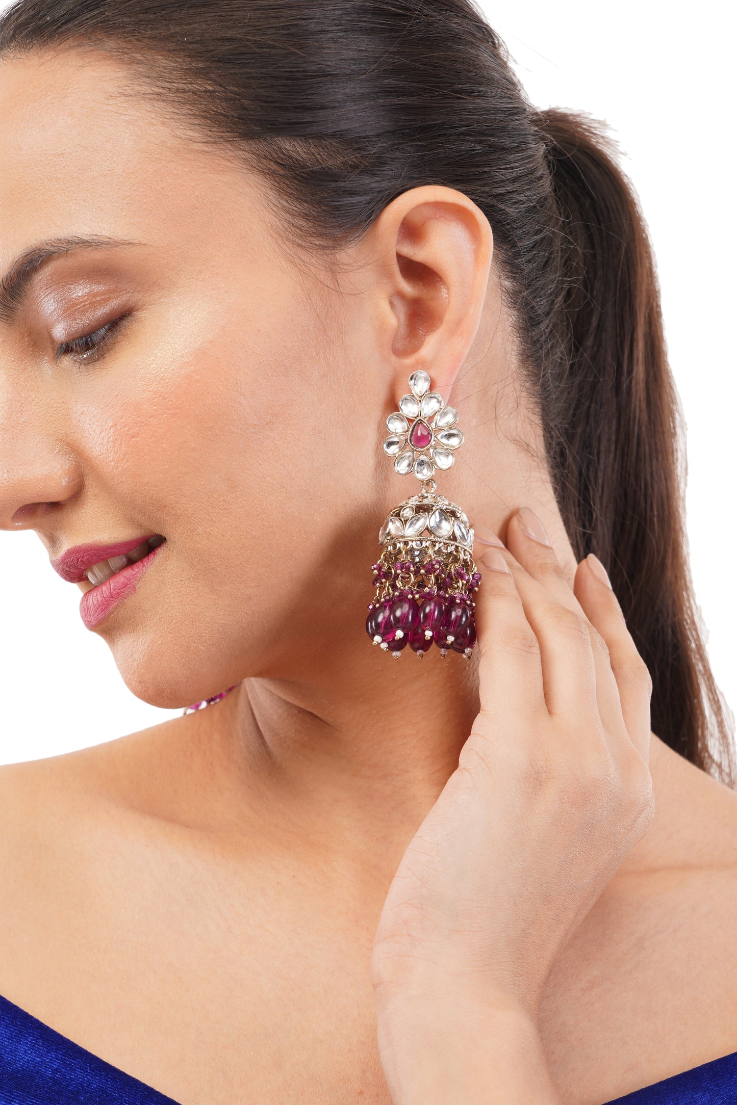 Purple Kundan Studded Khumka Earrings