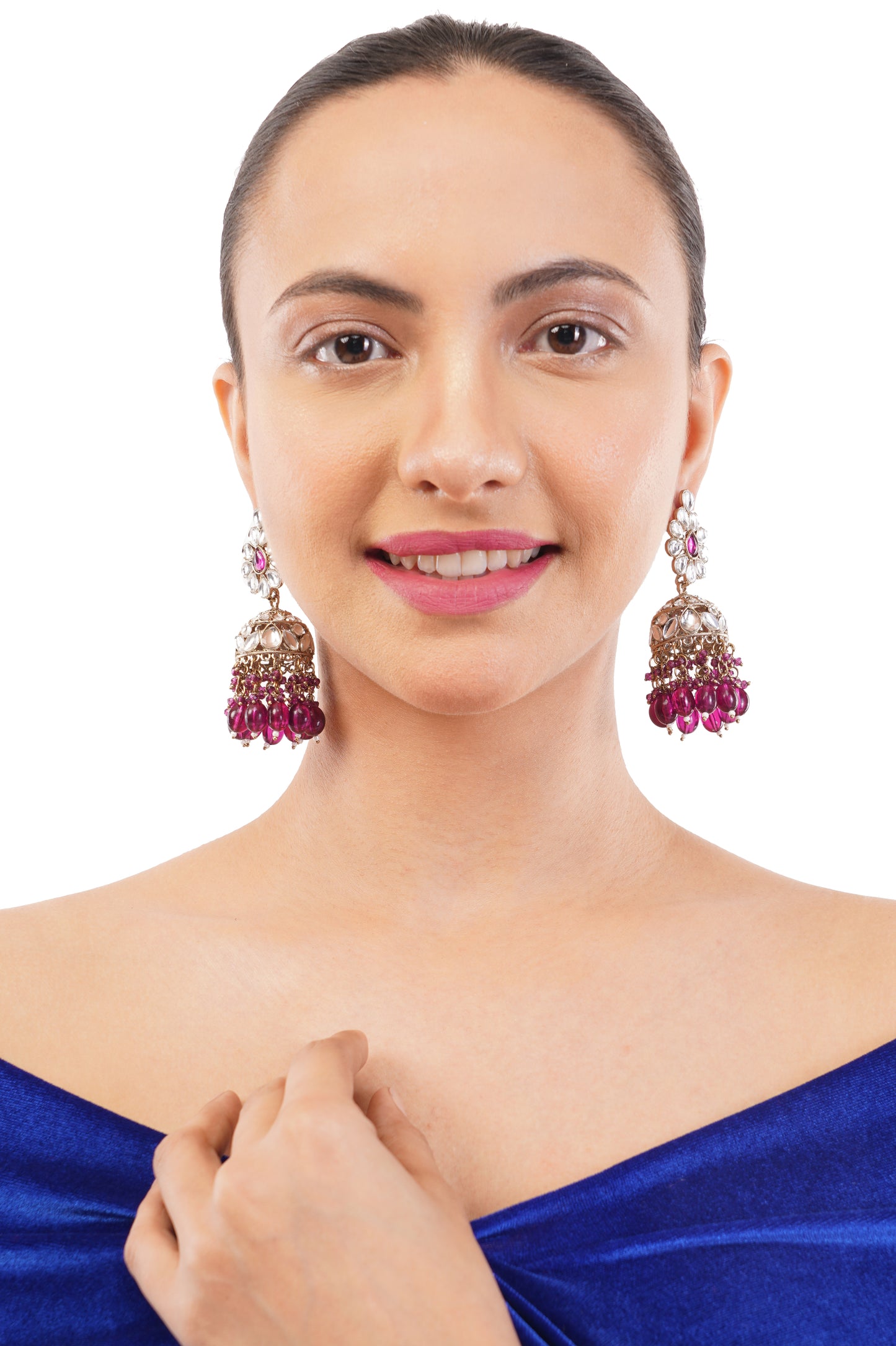 Purple Kundan Studded Khumka Earrings