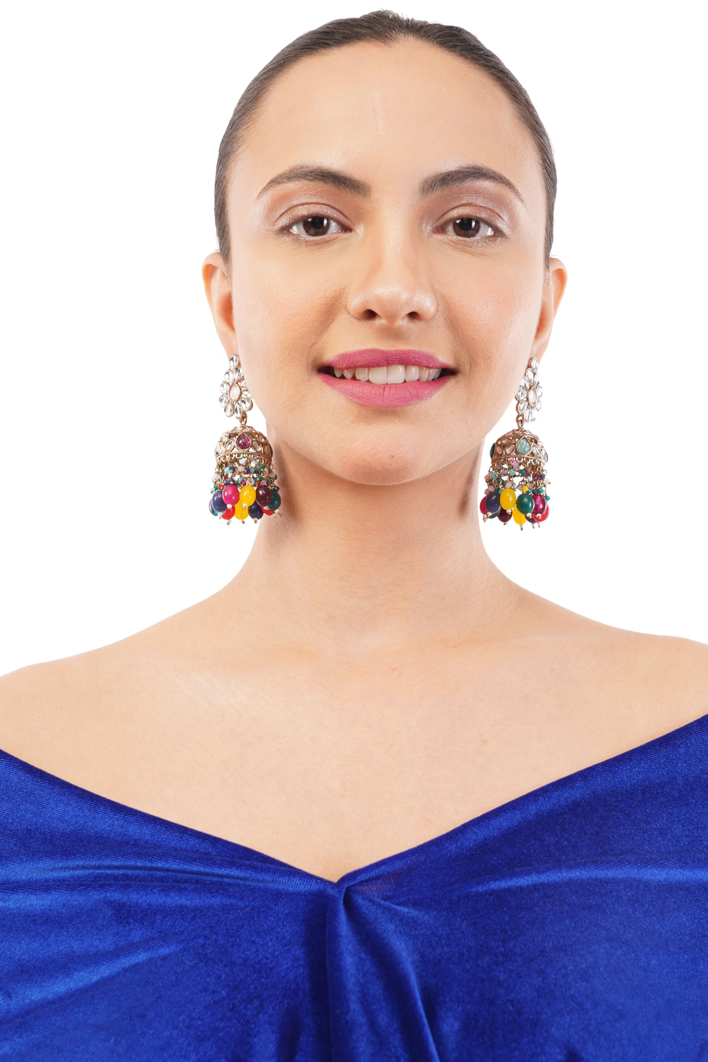 Ethnic Multicolour Kundan Jhumka Earrings For Women