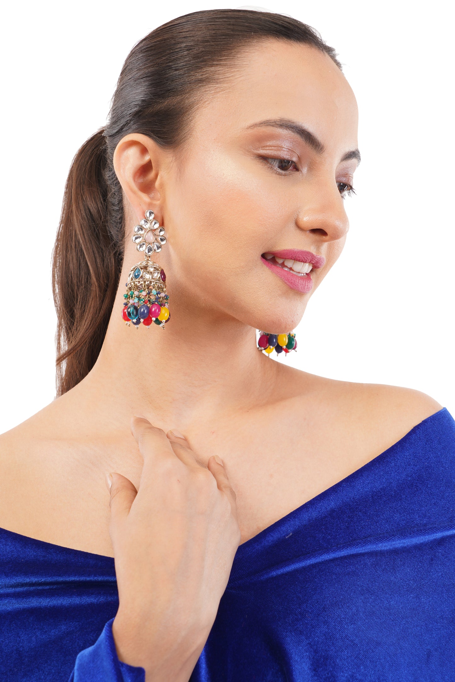 Ethnic Multicolour Kundan Jhumka Earrings For Women